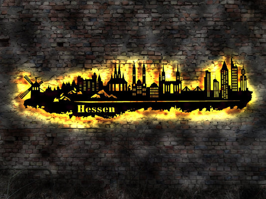 Skyline Bundesland Hessen LED Wandbild Holz Stadt AK Karte Stadtplan Wandsticker Leuchtbild Wiesbaden   Wandtattoo Reiseführer Silhouette