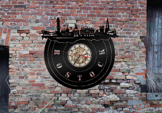 Wanduhr Uhr Holzuhr Uhren Ziffernblatt Clock Holz Armbanduhr Skyline Silhouette Rostock Aufkleber