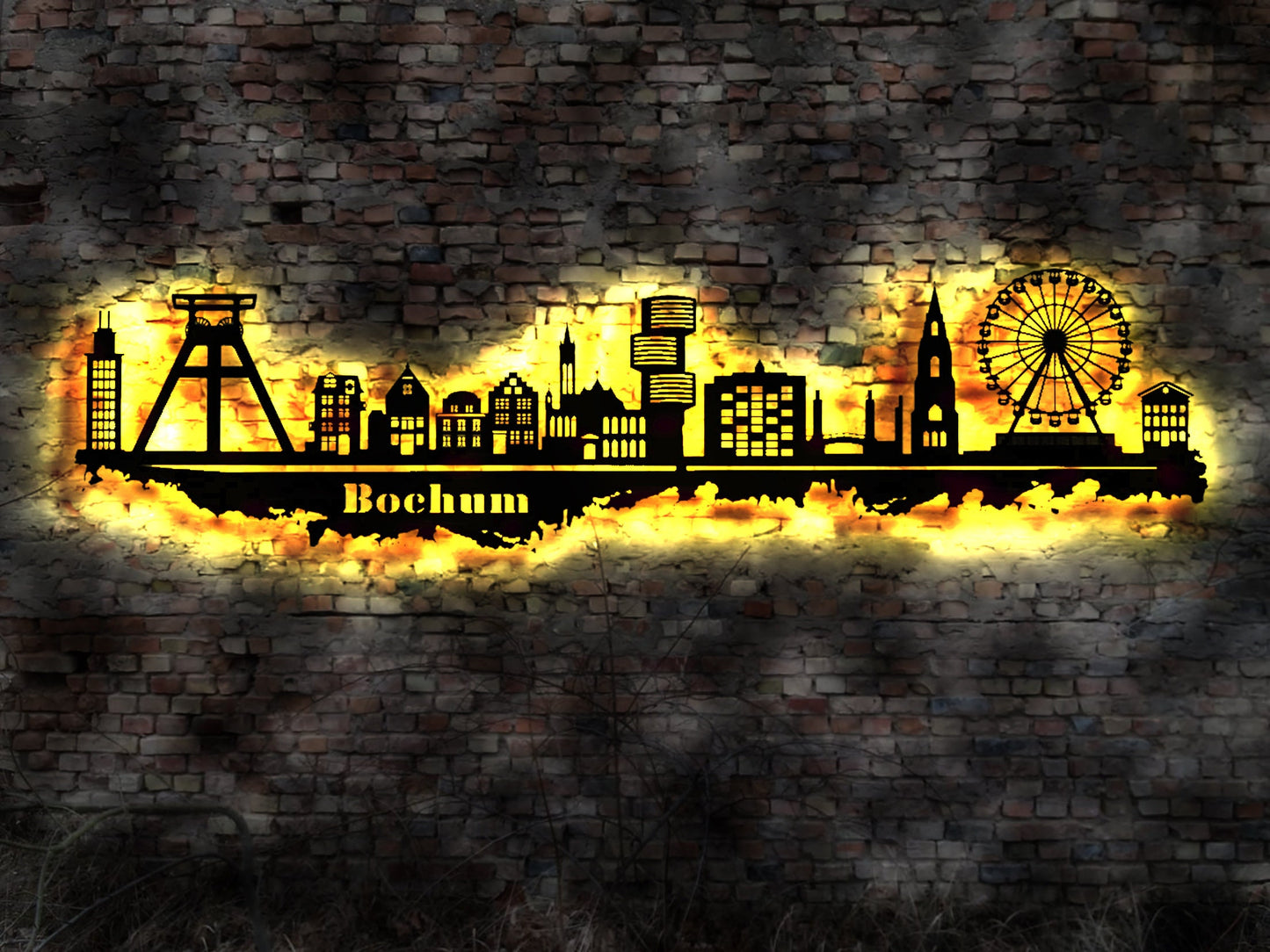 Skyline Bochum Wandbild Holz Stadt AK Karte Map Stadtplan Wandsticker Leuchtbild Neonreklame Wandtattoo Reiseführer Silhouette