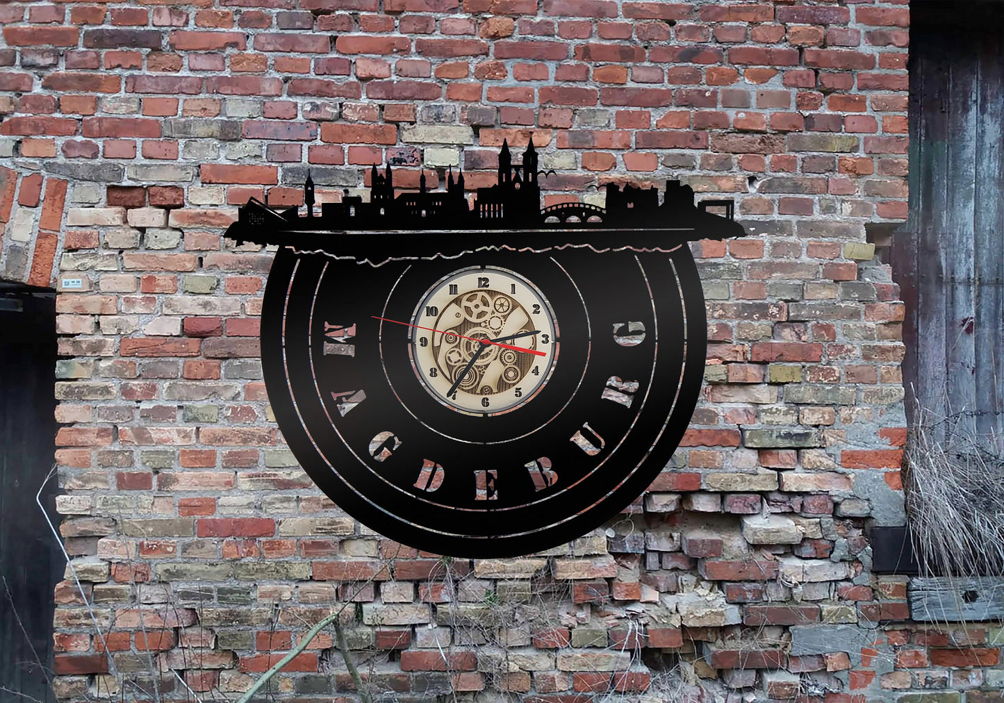 Stadt Magdeburg   Wanduhr Uhr Holzuhr Uhren Ziffernblatt Clock Holz Armbanduhr Skyline Silhouette Rostock Aufkleber