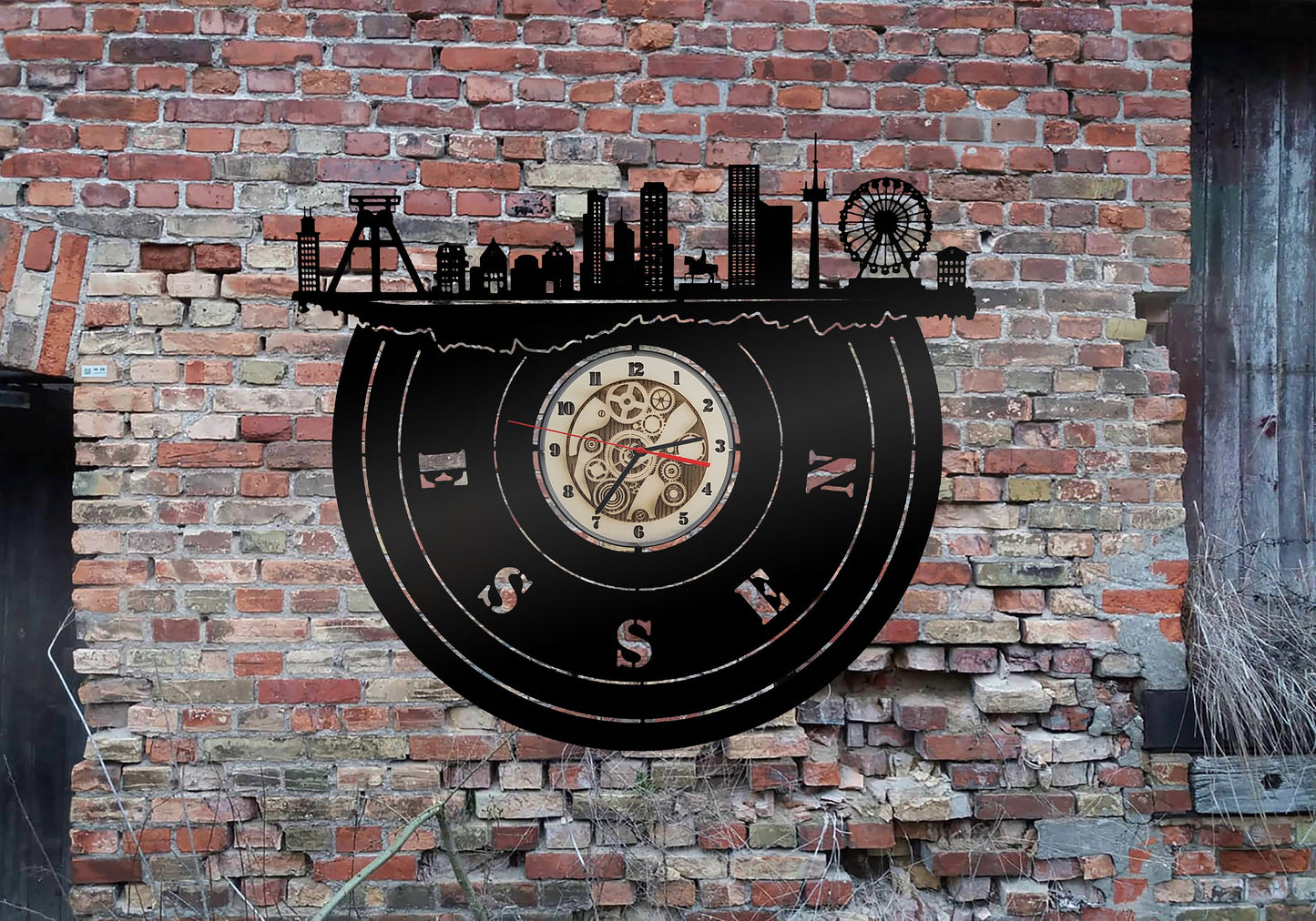 Stadt Essen Wanduhr Uhr Holzuhr Uhren Ziffernblatt Clock Holz Armbanduhr Skyline Silhouette  Aufkleber