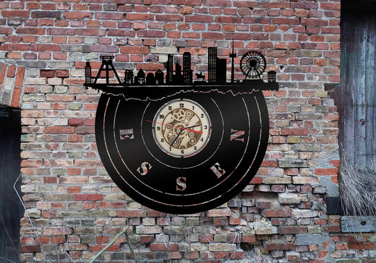 Stadt Essen Wanduhr Uhr Holzuhr Uhren Ziffernblatt Clock Holz Armbanduhr Skyline Silhouette  Aufkleber