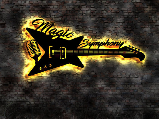 LED Leuchtschild  Magic Symphony   Gitarre Guitar Leuchtreklame Schild Neonreklame sign  Wunschtext Anfertigung nach Wunsch Holzschild