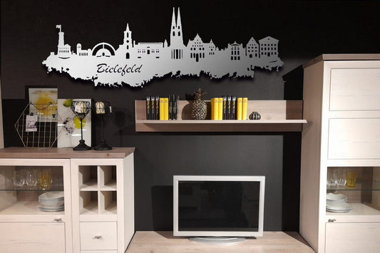 Edelstahl Skyline Stadt Bielefeld Wandkunst Stahl rostfrei Silhouette Metallkunst Künstlerarbeit
