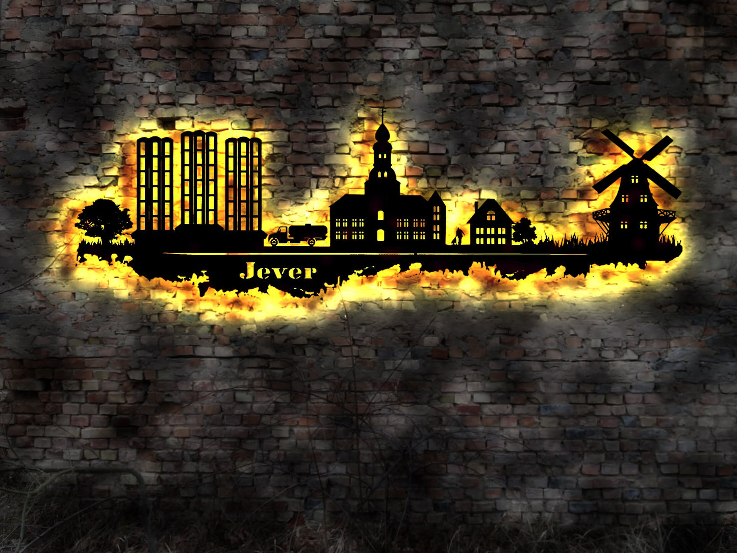 Skyline Stadt Jever  LED Wandbild Holz Stadt AK Karte Map Stadtplan Wandsticker Leuchtbild Neonreklame