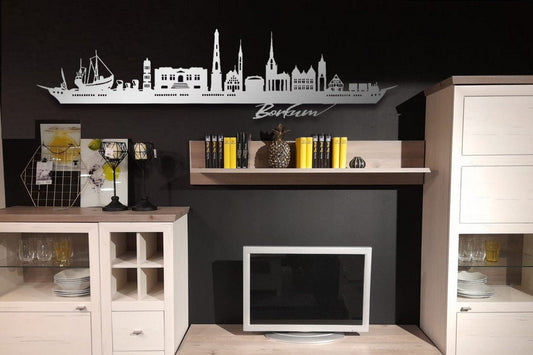 Edelstahl Skyline Borkum Insel  Wandkunst Stahl rostfrei Silhouette Metallkunst Künstlerarbeit