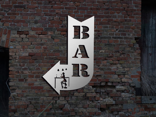 Edelstahl Wandbild Schild Bar Barschild Bardeko rundes rund Tresen  sign Metallschild Stahlschild Pfeil Hinweisschild