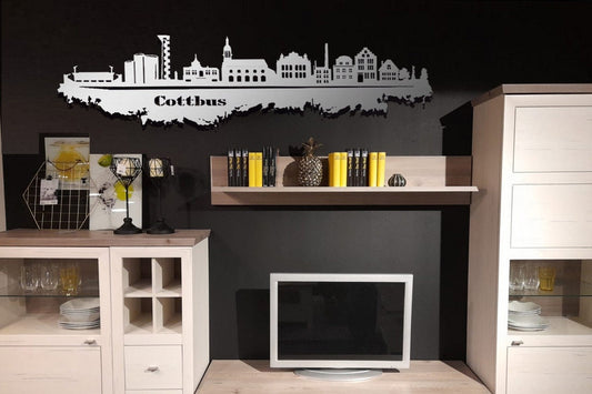Edelstahl Skyline Stadt Cottbus Metall Wandkunst Stahl rostfrei Silhouette Metallkunst Künstlerarbeit