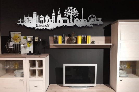 Edelstahl Skyline Stadt Bocholt Zeche Wandkunst Stahl rostfrei Silhouette Metallkunst Künstlerarbeit