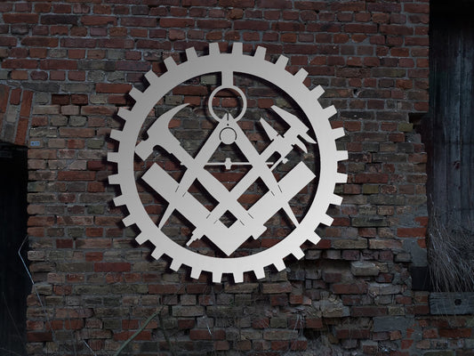 Edelstahl WandbildSchild Mechaniker Zunftzeichen Rund Innungsschild Logo Emblem Zeichen Zunft