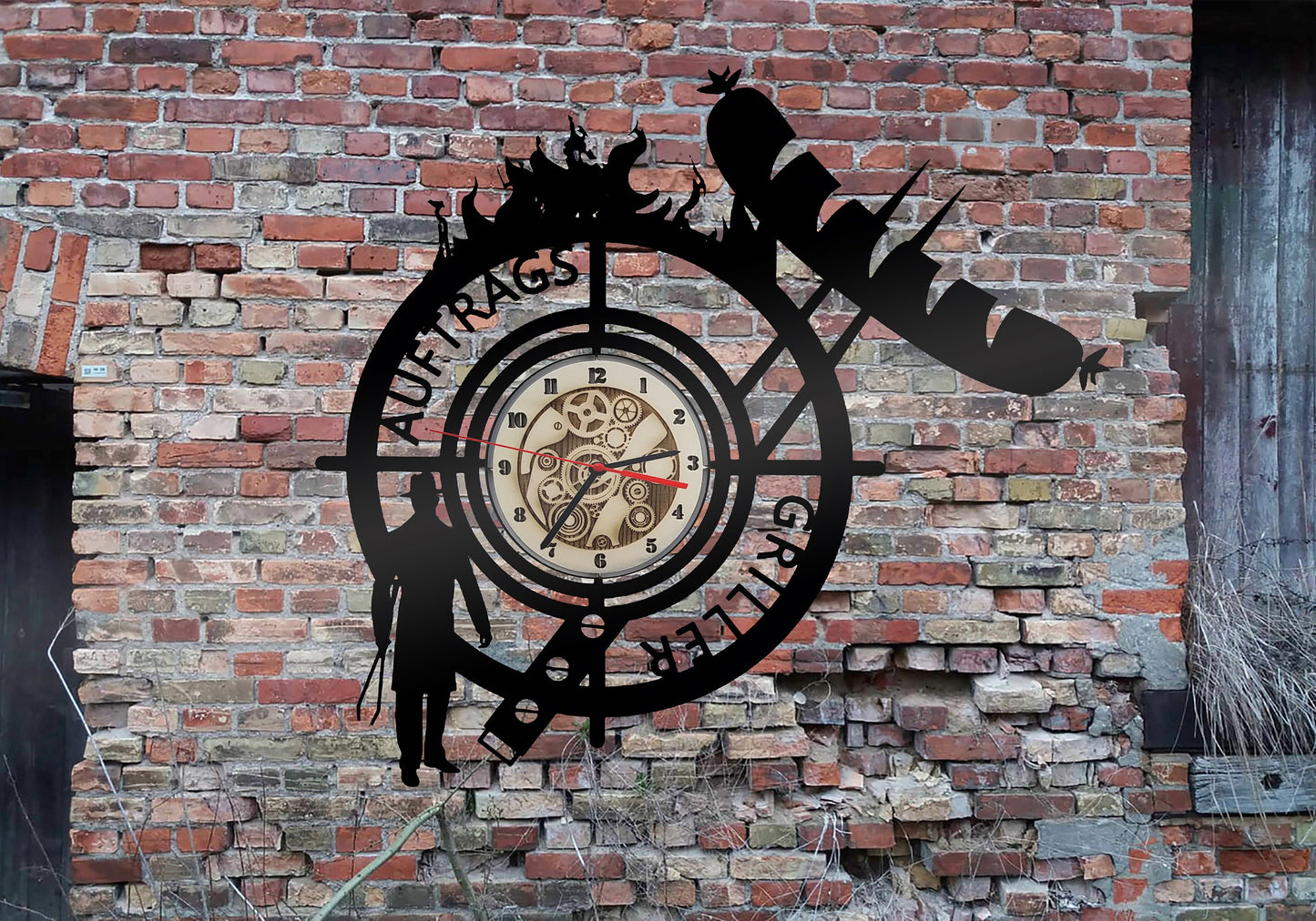 Wanduhr Uhr 3D  Wandbild Holzkohle grillen Grillbesteck Grillhandschuhe Grillkohle Grillspieße Grillbürste Grillpfanne Grillschale Spieß