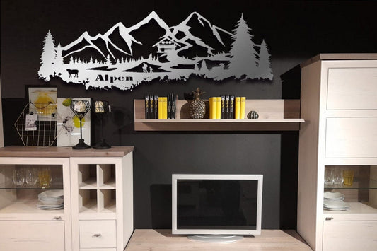 Edelstahl Skyline Alpen Gebirge Bayern Alm   Metall Wandkunst Stahl rostfrei Silhouette Metallkunst Künstlerarbeit