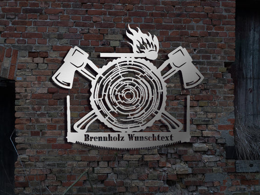 Edelstahl Wandbild Schild Brennholz  Holzspalter Kettensäge Holzscheit Buche SRM Kaminholz sign Metallschild Stahlschild