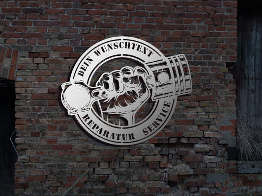 Edelstahl Wandbild Schild Metall Werkstatt Autowerkstatt KFZ Reparatur Service Meisterwerkstatt Motor Getriebe Reifenservice Deko Kunst