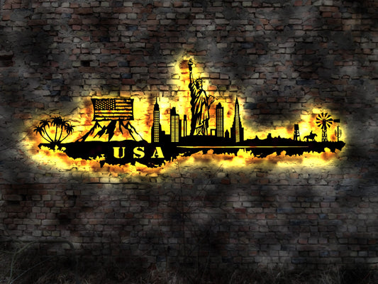 Leuchtschild Skyline USA Silhouette Stadt United States Flagg Fahne Aufkleber LED Holzschild Wahrzeichen Emblem Logo Sehenswürdigkeiten