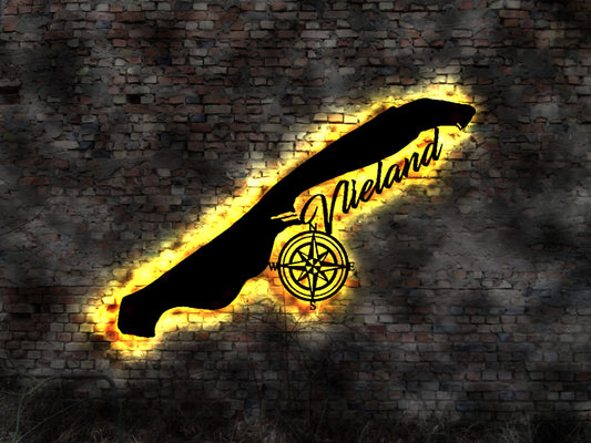 Skyline Vlieland   LED Wandbild Insel  Holz Stadt AK Karte  Stadtplan Wandsticker Leuchtbild  Wandtattoo Reiseführer Silhouette