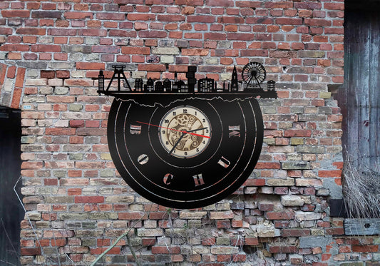 Uhr Wanduhr Bild Stadt Bochum Skyline Silhouette Kumpel Bergbau unter Tage