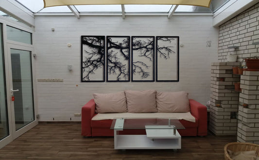 Holz  Wandkunst, 4 Tafeln  Dekor, Metall Baum Dekoration,  Wandbehänge, Baumschild, Wohndekor, Holzbild Wanddeko Baum des Lebens