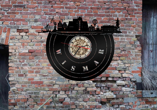 Wanduhr Uhr Holzuhr Uhren Ziffernblatt Clock Holz Armbanduhr Skyline Silhouette Wismar  Aufkleber