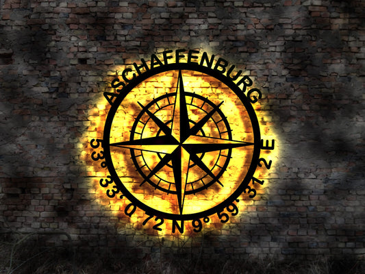 Aschaffenburg  Kompass  LED Wandbild Holz Stadt AK Karte Map Wandsticker Leuchtbild Neonreklame Wandtattoo Reiseführer Silhouette
