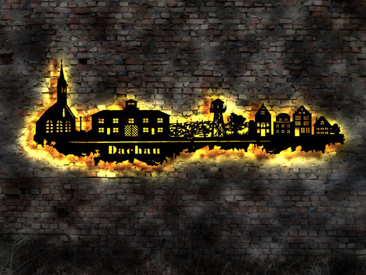 Skyline Stadt Dachau   LED Wandbild Holz  Mahnmal Gedenkstätte Stadtplan Wandsticker Leuchtbild Wandtattoo Reiseführer Silhouette