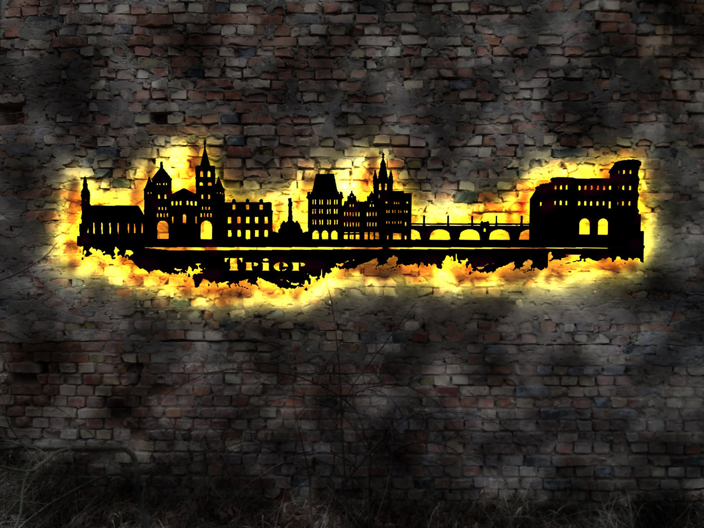 Skyline Trier LED Wandbild Holz Stadt AK Karte Map Stadtplan Wandsticker Leuchtbild Neonreklame Wandtattoo Reiseführer Silhouette