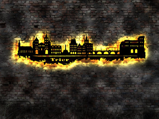 Skyline Trier LED Wandbild Holz Stadt AK Karte Map Stadtplan Wandsticker Leuchtbild Neonreklame Wandtattoo Reiseführer Silhouette