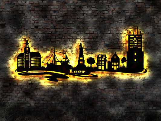 Skyline Stadt Leer  LED Wandbild Holz Stadt AK Karte Map Stadtplan Wandsticker Leuchtbild Neonreklame