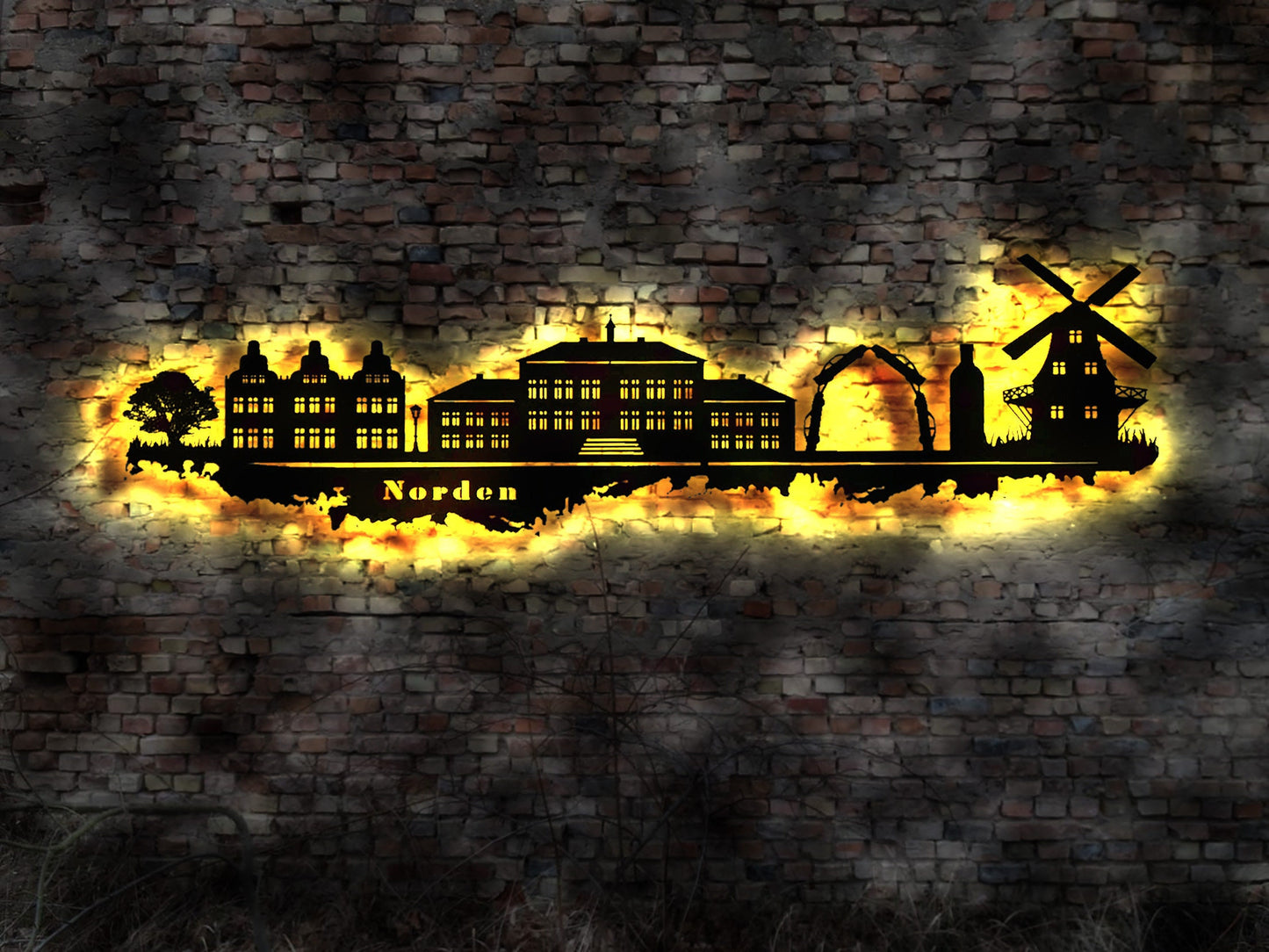 Skyline Stadt Norden  LED Wandbild Holz Stadt AK Karte Map Stadtplan Wandsticker Leuchtbild Neonreklame