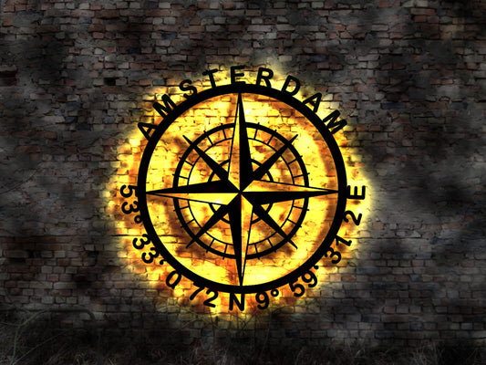 Amsterdam Kompass  LED Wandbild Holz Stadt AK Karte Map Wandsticker Leuchtbild Neonreklame Wandtattoo Reiseführer Silhouette
