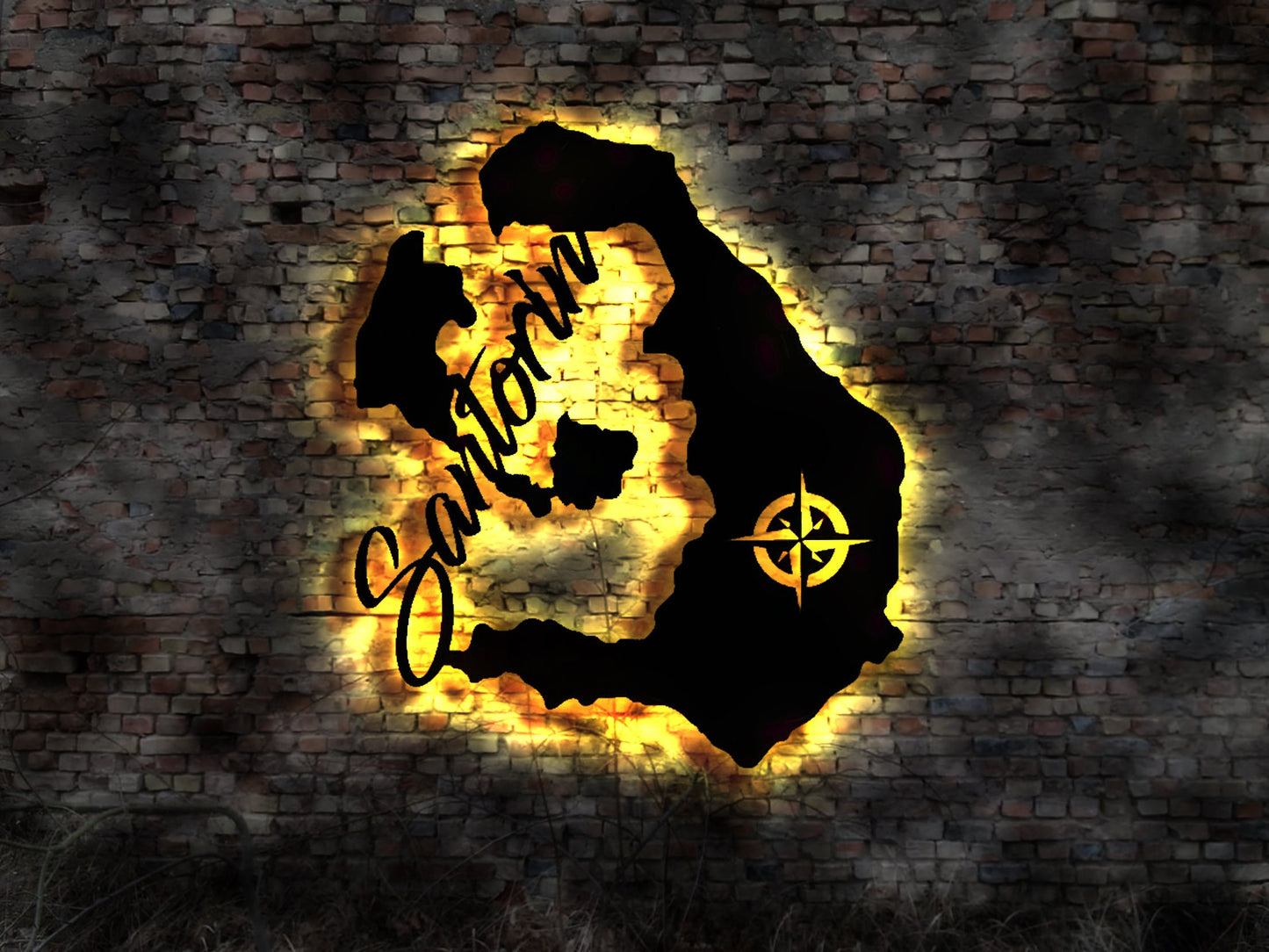 Skyline Insel Santorin LED Wandbild Holz Stadt AK Karte Map Wandsticker Leuchtbild Neonreklame Wandtattoo Reiseführer Silhouette