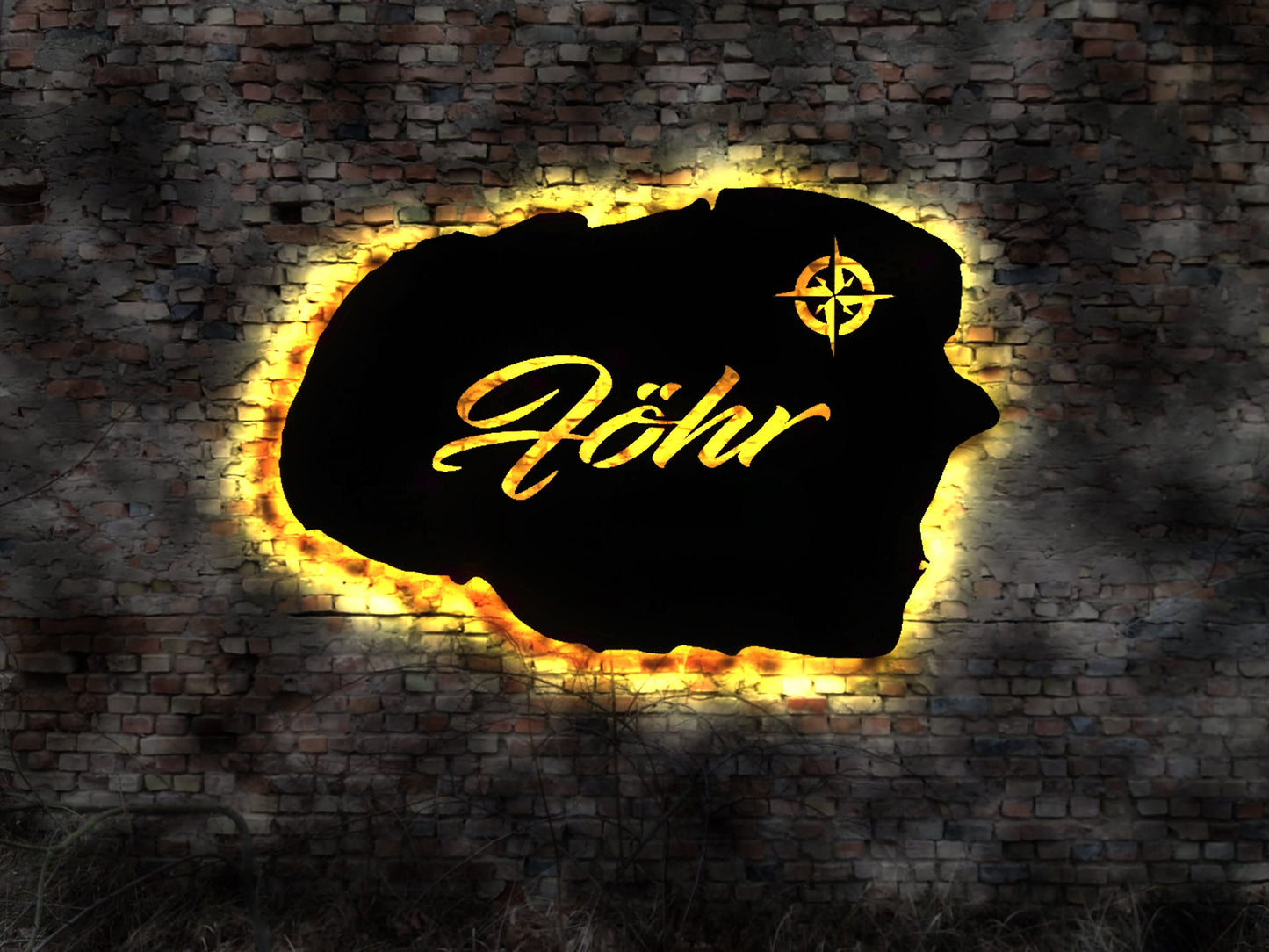 Skyline Insel Föhr  LED Wandbild Holz Stadt  Karte Map Hotel  Wandsticker Leuchtbild Neonreklame Wandtattoo Reiseführer Silhouette