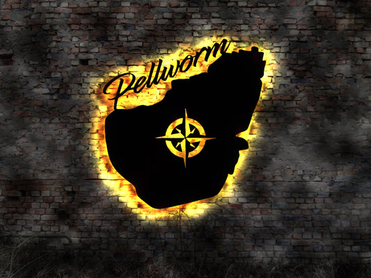 Skyline Insel Pellworm  LED Wandbild Holz Stadt  Karte Map Hotel  Wandsticker Leuchtbild Neonreklame Wandtattoo Reiseführer Silhouette