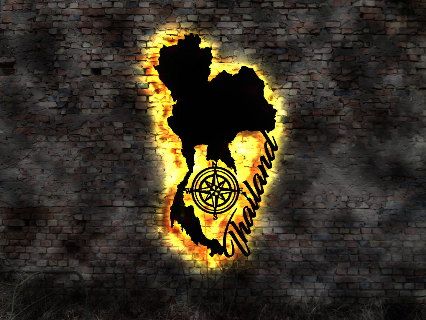 Thailand thailändisch  LED Wandbild Holz Stadt  Karte Map Stadtplan Wandsticker Leuchtbild Neonreklame Wandtattoo Reiseführer Silhouette