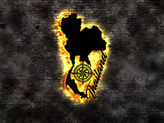 Thailand thailändisch  LED Wandbild Holz Stadt  Karte Map Stadtplan Wandsticker Leuchtbild Neonreklame Wandtattoo Reiseführer Silhouette