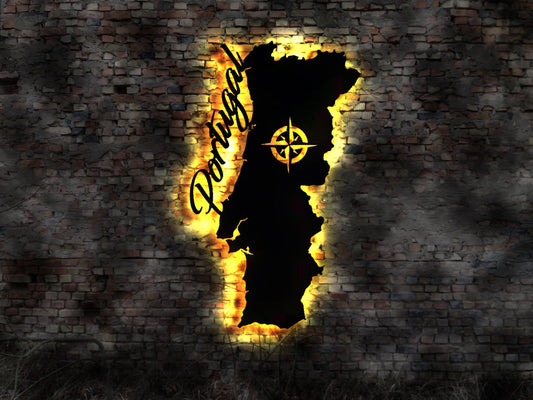 Skyline Portugal Land  LED Wandbild Holz Stadt  Karte Map Stadtplan Wandsticker Leuchtbild Neonreklame Wandtattoo Reiseführer Silhouette