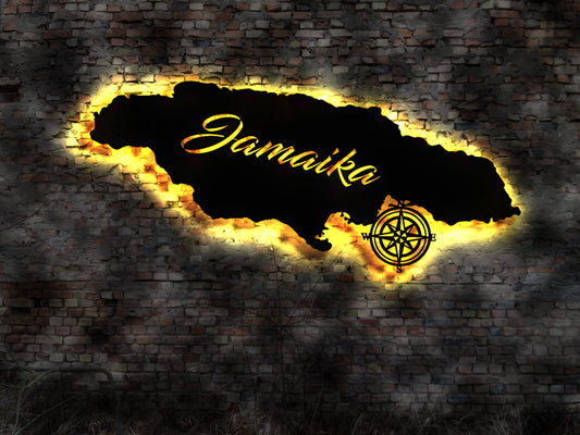 Skyline Insel Jamaika LED Wandbild Holz Stadt AK Karte Map Wandsticker Leuchtbild Neonreklame Wandtattoo Reiseführer Silhouette Karibik