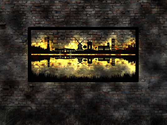 Norderney Abendstimmung Skyline Insel  Sonnenuntergang  LED Wandbild Holz romantisches Geschenk Romaniker  Wandtattoo Reiseführer Silhouette