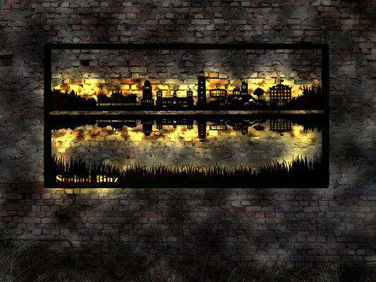 Seebad Binz  Abendstimmung Skyline Urlaub   Sonnenuntergang  LED Wandbild Holz romantisches Geschenk Romaniker   Silhouette