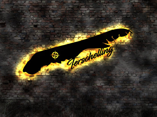 Skyline Terschelling Island LED Wandbild Holz Stadt AK Karte Map Wandsticker Leuchtbild Neonreklame Wandtattoo Reiseführer Silhouette