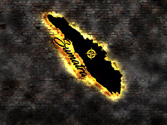Skyline Sumatra  Island LED Wandbild Holz Stadt AK Karte Map Wandsticker Leuchtbild Neonreklame Wandtattoo Reiseführer Silhouette
