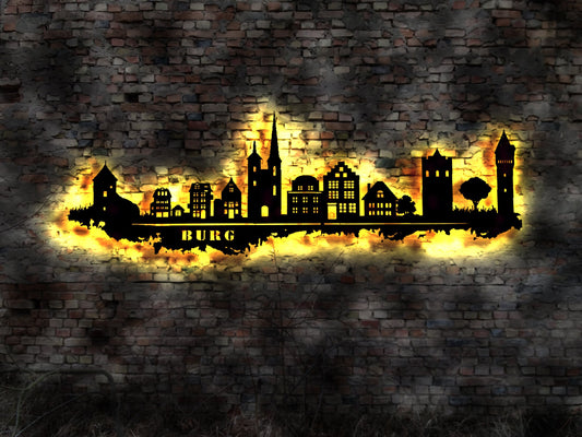 Skyline Stadt Burg Jerichower Land  LED Wandbild Holz Stadt AK Karte Map Stadtplan Wandsticker Leuchtbild Neonreklame Wandtattoo  Silhouette