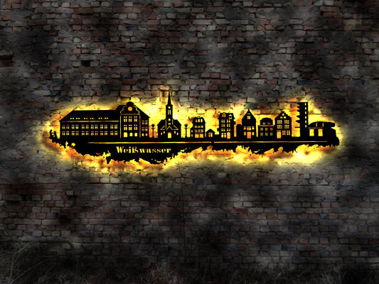 Skyline Stadt Weißwasser Oberlausitz   Wandbild Holz Karte Map Stadtplan Wandsticker Leuchtbild Neonreklame Wandtattoo Aufkleber Silhouette