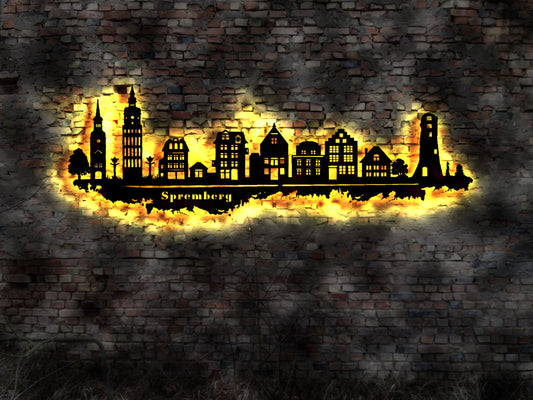Skyline Spremberg Brandenburg   LED Wandbild   Holz Stadt AK Karte Map Stadtplan Wandsticker Bild Wandtattoo Reiseführer Silhouette