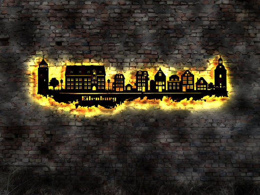 Skyline Eilenburg Sachsen  Wandbild Holz Stadt AK Karte Map Stadtplan Wandsticker Leuchtbild Neonreklame Wandtattoo Aufkleber Silhouette