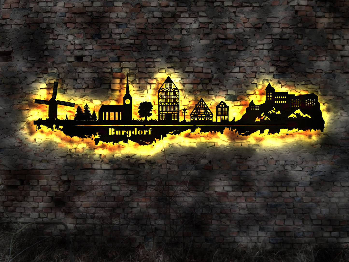 Skyline Stadt Burgdorf Niedersachsen  Wandbild Holz Karte Map Stadtplan Wandsticker Leuchtbild Neonreklame Wandtattoo Aufkleber Silhouette