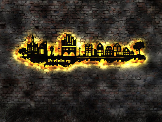 Skyline Stadt Perleberg Brandenburg   LED Wandbild   Holz Stadt AK Karte Map Stadtplan Wandsticker Leuchtbild  Wandtattoo Silhouette