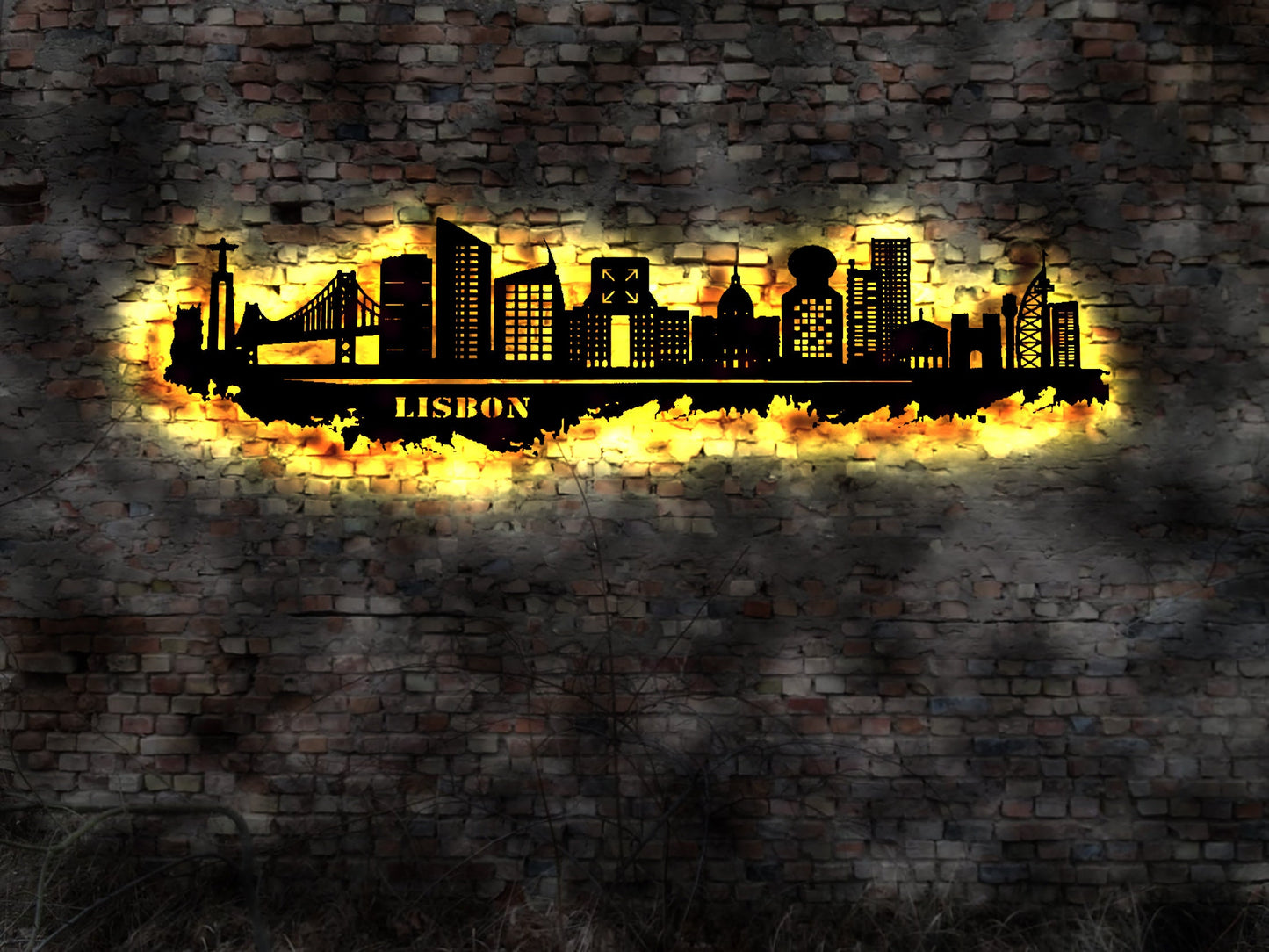 Skyline Lisbon Lissabon  LED Wandbild Holz Stadt AK Karte Map Stadtplan Wandsticker Leuchtbild Neonreklame Wandtattoo Reiseführer Portugal