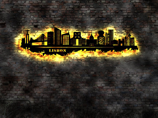 Skyline Lisbon Lissabon  LED Wandbild Holz Stadt AK Karte Map Stadtplan Wandsticker Leuchtbild Neonreklame Wandtattoo Reiseführer Portugal
