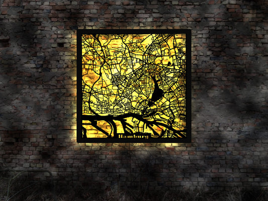 Hamburg HH Hansestadt  LED Wandbild Stadt  Karte Map Stadtplan Wandsticker Leuchtbild Neonreklame Wandtattoo Reiseführer Silhouette